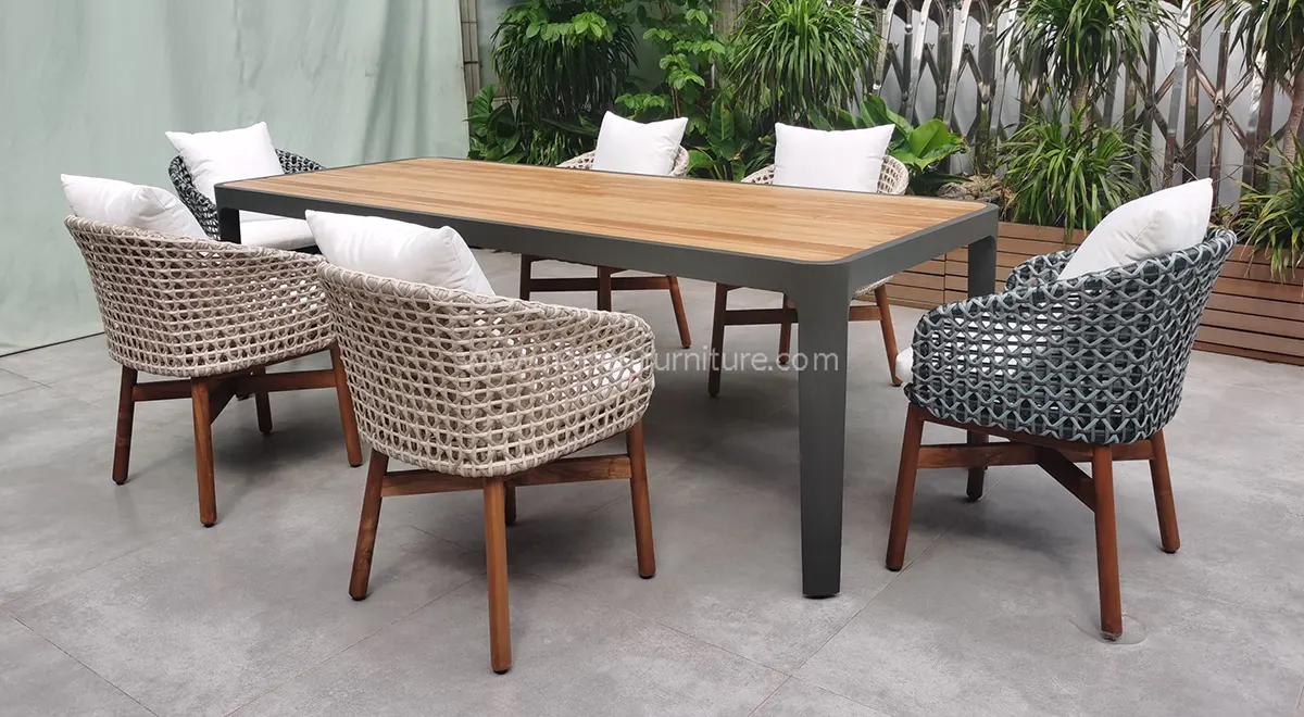 Outdoor Teak Aluminum Frame PE Rattan Dining Set
