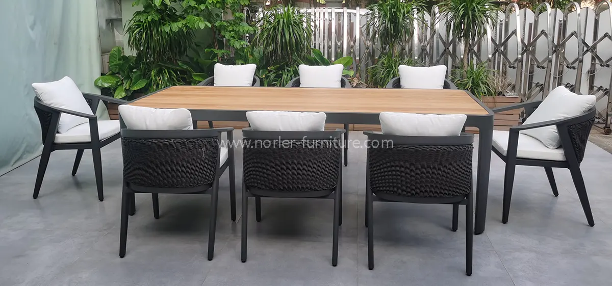 Outdoor Teak Aluminum Frame PE Rattan Dining Set