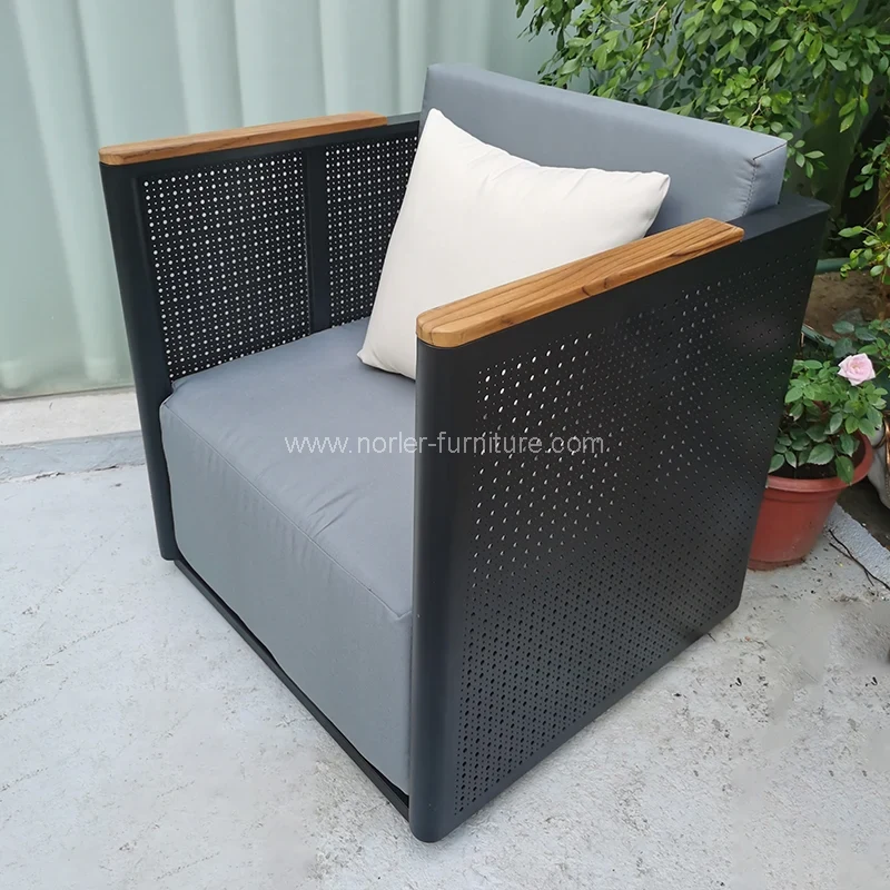 Moderne utendørs aluminiumsramme teak armlenesofa